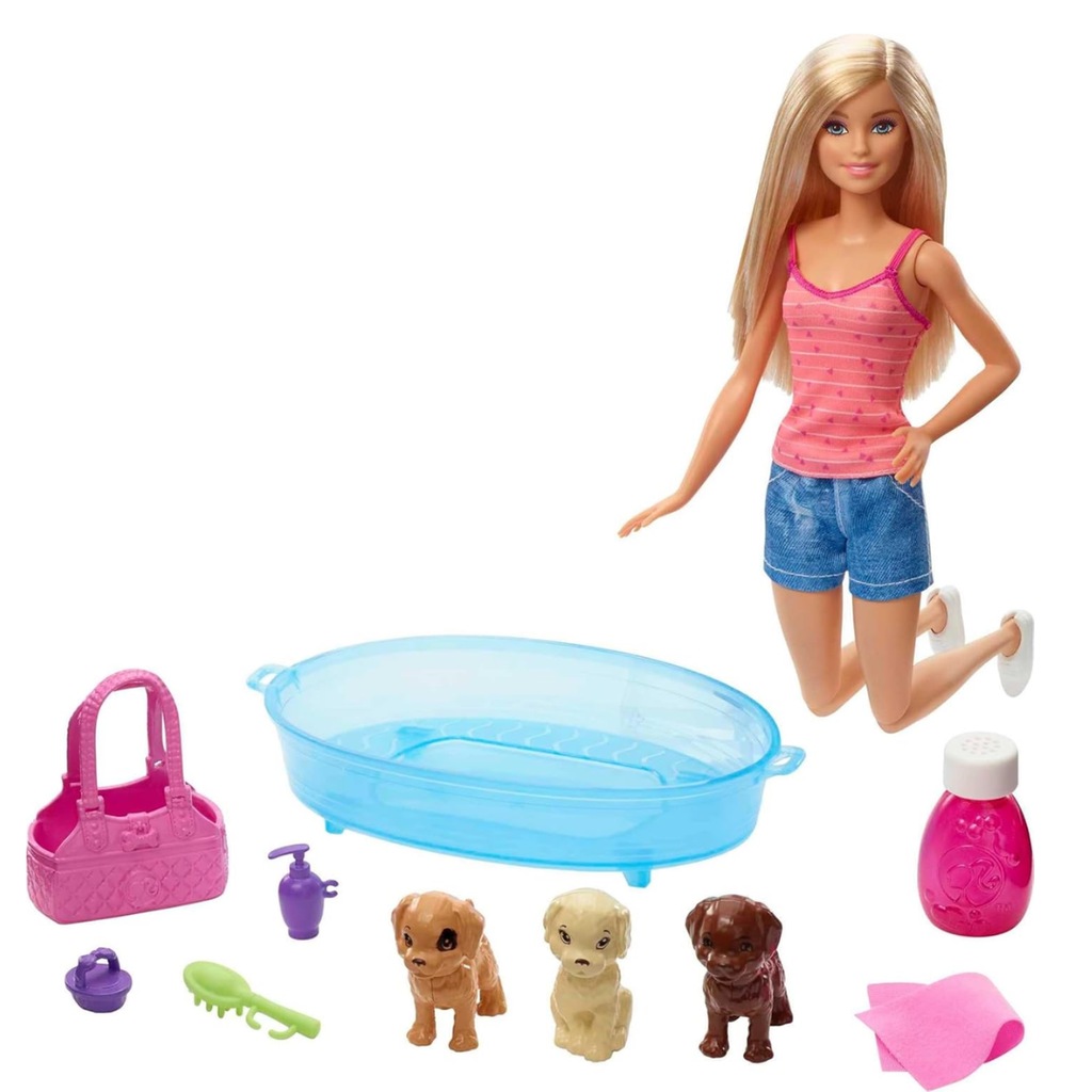 Barbie Doll, Blonde, and Playset with 3 Puppies, Bathtub and Accessories, Gift for 3 to 7 Year Olds, GDJ337