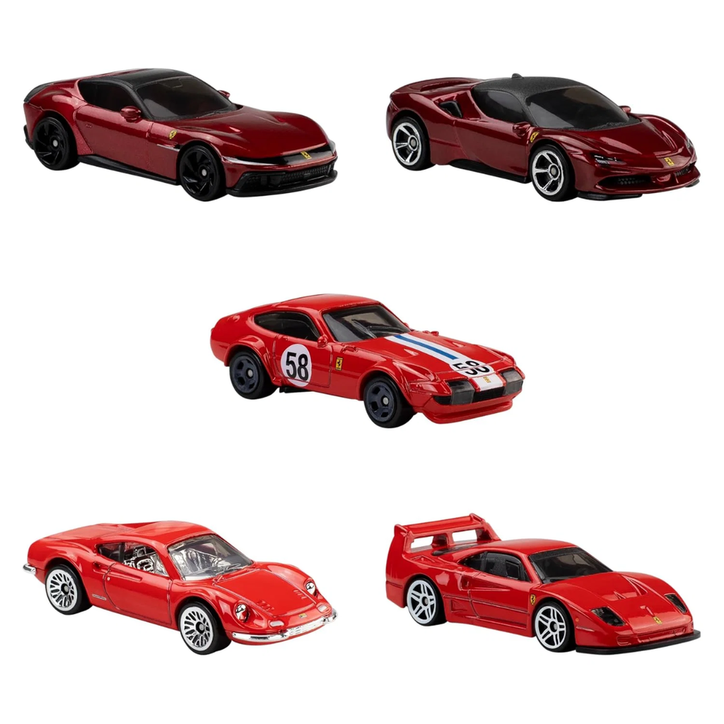Hot Wheels Car 2026 Ferrari Pack of 5 (Dino 206 GT, SF90 Stradale, 365 GTB4 C, Money Gram Haas, 12 Cilindri F40 Competizione) Multi - Color