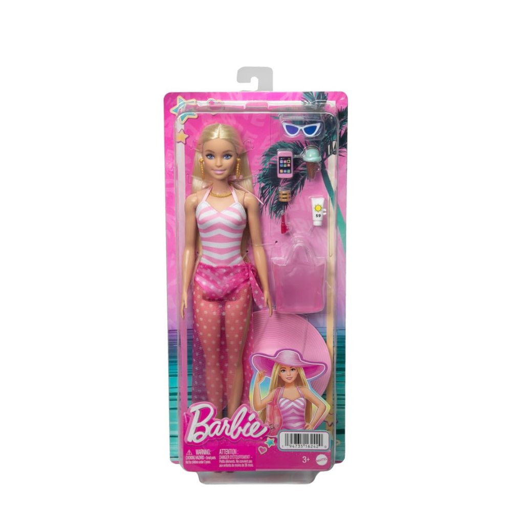 Barbie Blonde Doll with Pink and White Swimsuit, Sun Hat, Tote Bag and Beach-Themed Accessories , HPL73