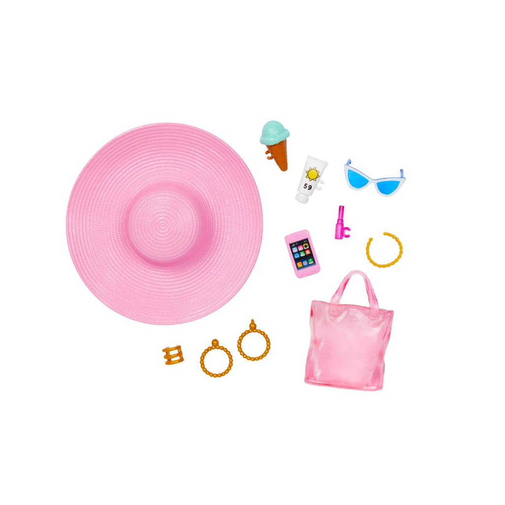 Barbie Blonde Doll with Pink and White Swimsuit, Sun Hat, Tote Bag and Beach-Themed Accessories , HPL73