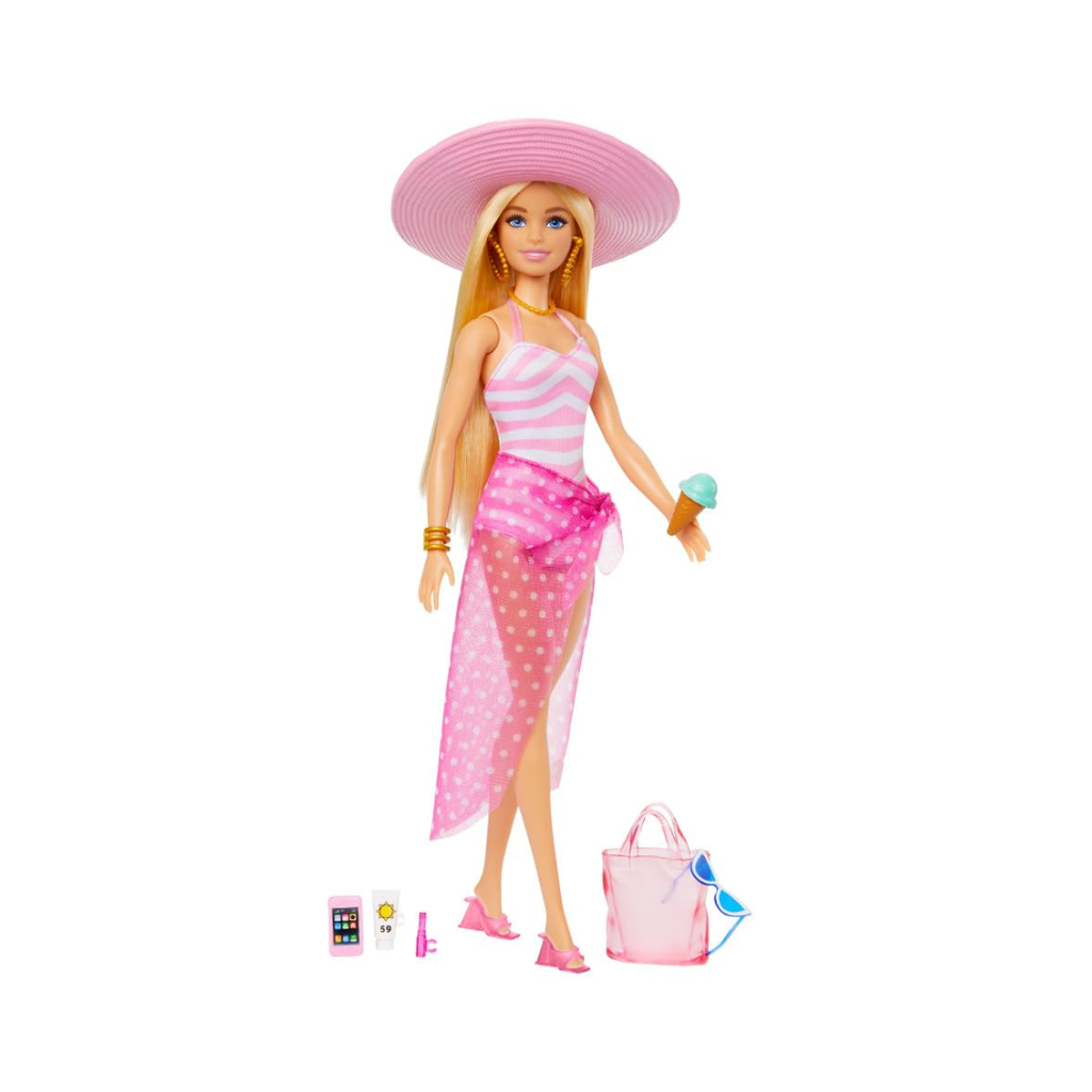 Barbie Blonde Doll with Pink and White Swimsuit, Sun Hat, Tote Bag and Beach-Themed Accessories , HPL73