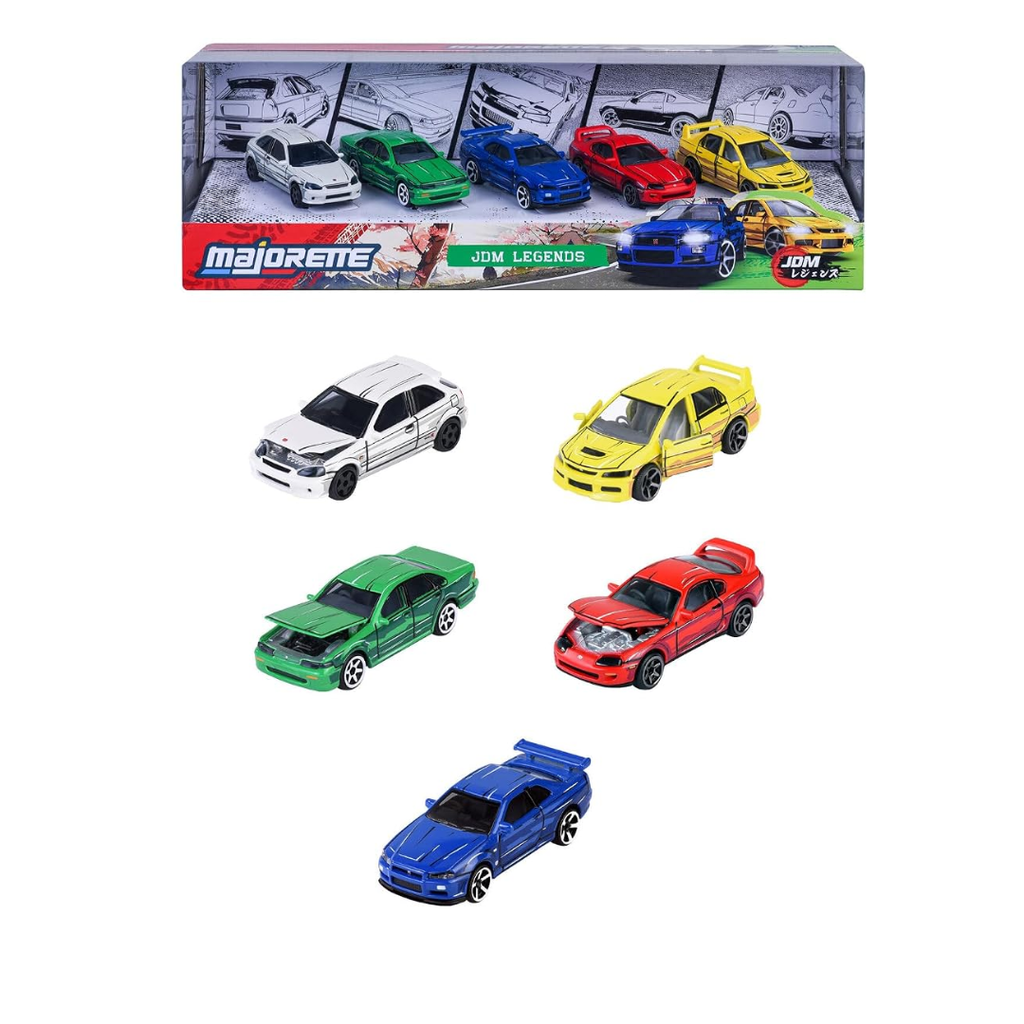 Majorette JDM Legends Anime 5 Pieces Giftpack | 5 Metal Cars, 7.5 cm | Freewheel & Opening Parts | Honda Civic, Nissan Cefiro, Skyline GT-R, Toyota Supra, Lancer Evo | Anime-Style | for Children 3+
