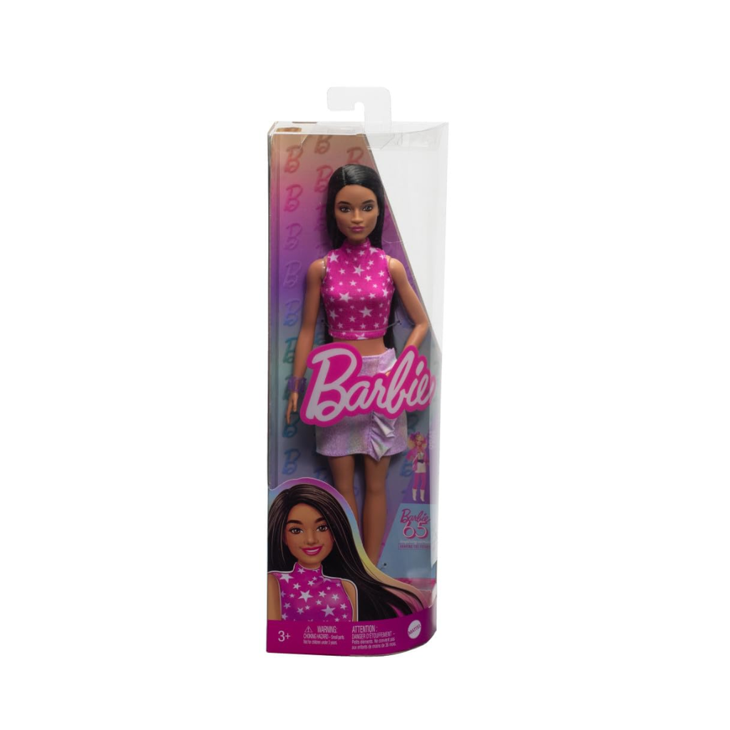 Barbie Fashionistas Doll #215 with Black Straight Hair, Pink Star-Print Top & Iridescent Skirt, 65th Anniversary Collectible Fashion Doll, HRH13