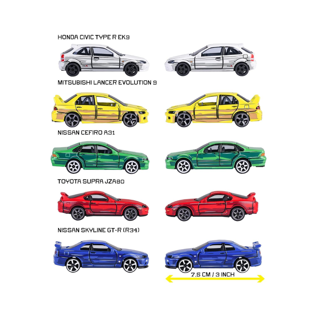 Majorette JDM Legends Anime 5 Pieces Giftpack | 5 Metal Cars, 7.5 cm | Freewheel & Opening Parts | Honda Civic, Nissan Cefiro, Skyline GT-R, Toyota Supra, Lancer Evo | Anime-Style | for Children 3+