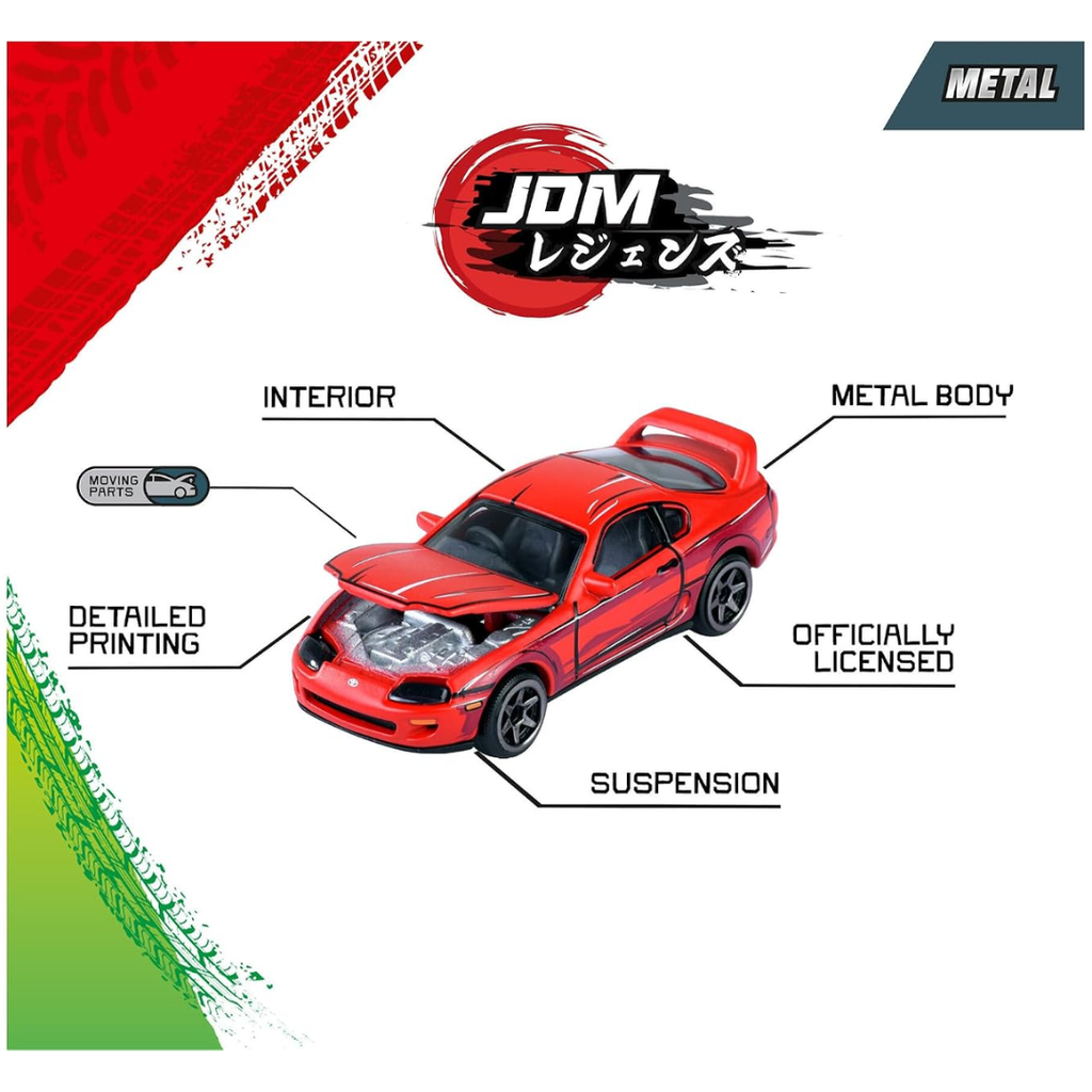 Majorette JDM Legends Anime 5 Pieces Giftpack | 5 Metal Cars, 7.5 cm | Freewheel & Opening Parts | Honda Civic, Nissan Cefiro, Skyline GT-R, Toyota Supra, Lancer Evo | Anime-Style | for Children 3+