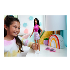 Barbie Fashionistas Doll #215 with Black Straight Hair, Pink Star-Print Top & Iridescent Skirt, 65th Anniversary Collectible Fashion Doll, HRH13