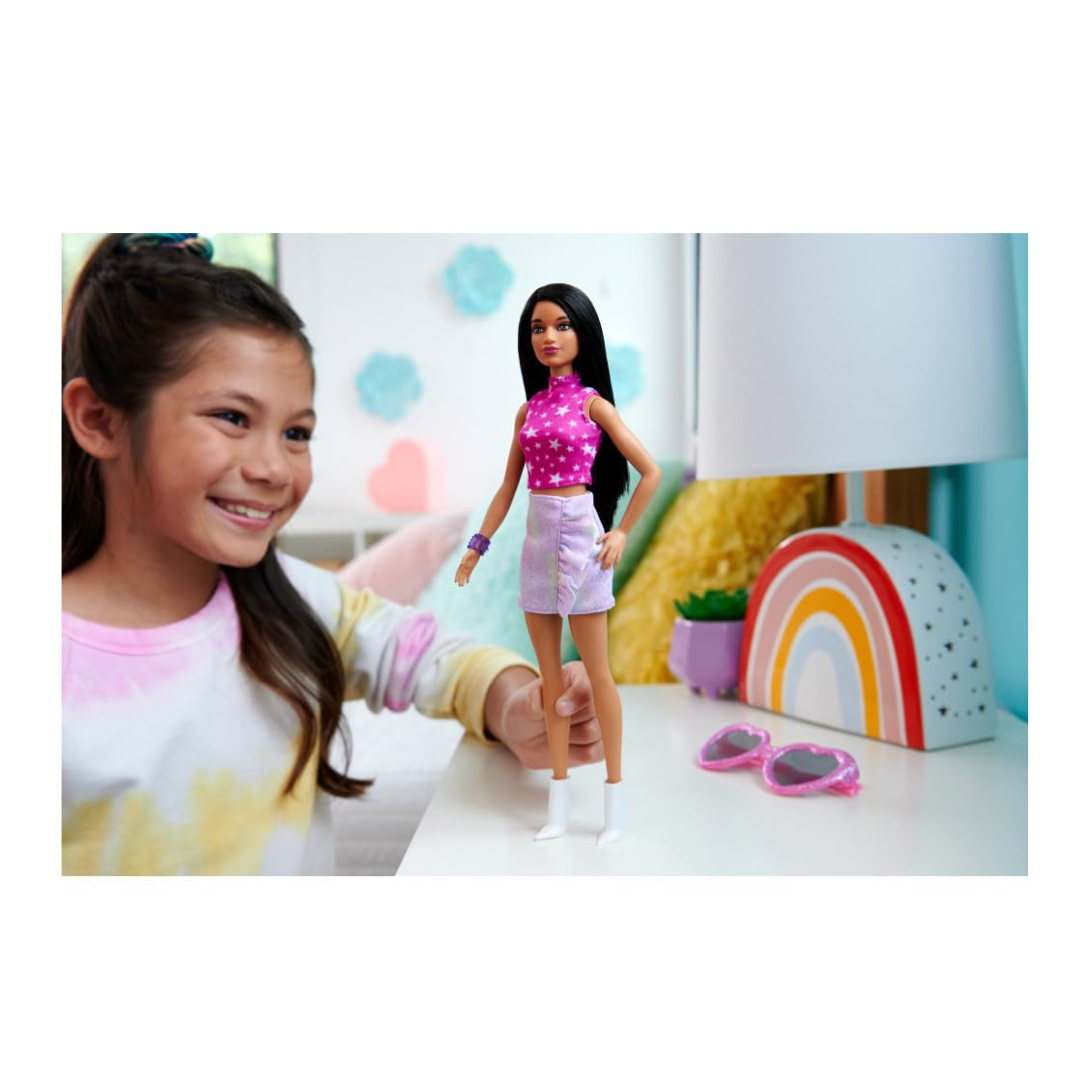 Barbie Fashionistas Doll #215 with Black Straight Hair, Pink Star-Print Top & Iridescent Skirt, 65th Anniversary Collectible Fashion Doll, HRH13
