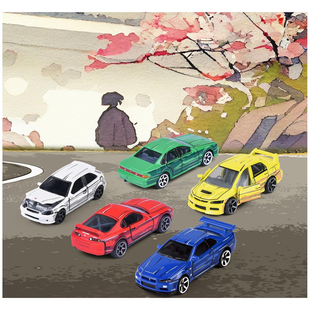 Majorette JDM Legends Anime 5 Pieces Giftpack | 5 Metal Cars, 7.5 cm | Freewheel & Opening Parts | Honda Civic, Nissan Cefiro, Skyline GT-R, Toyota Supra, Lancer Evo | Anime-Style | for Children 3+