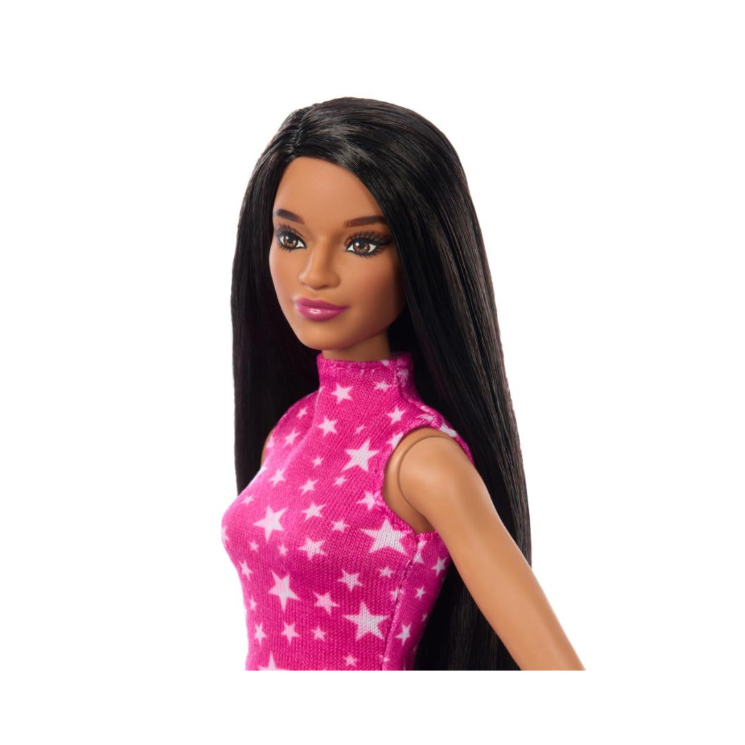 Barbie Fashionistas Doll #215 with Black Straight Hair, Pink Star-Print Top & Iridescent Skirt, 65th Anniversary Collectible Fashion Doll, HRH13