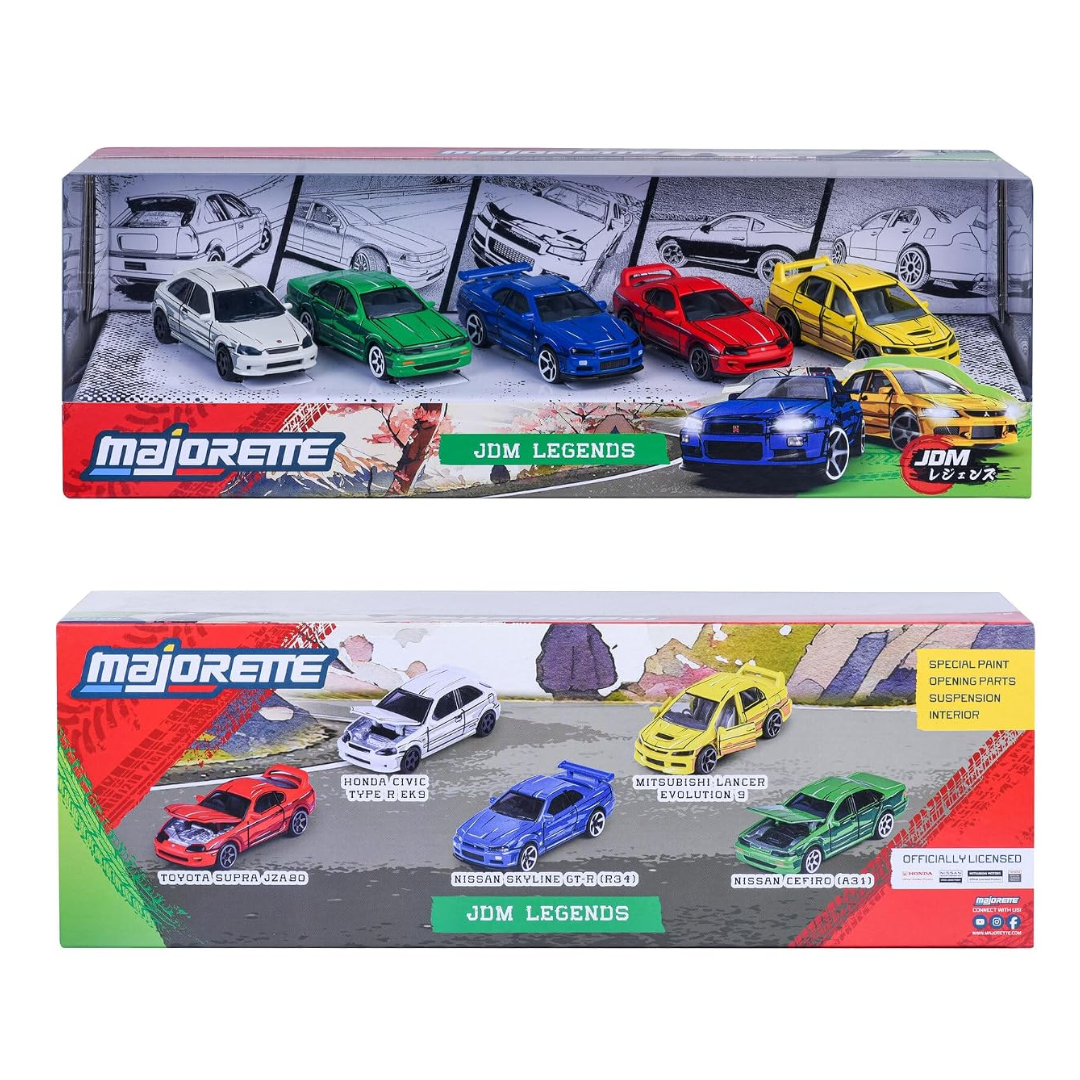 Majorette JDM Legends Anime 5 Pieces Giftpack | 5 Metal Cars, 7.5 cm | Freewheel & Opening Parts | Honda Civic, Nissan Cefiro, Skyline GT-R, Toyota Supra, Lancer Evo | Anime-Style | for Children 3+