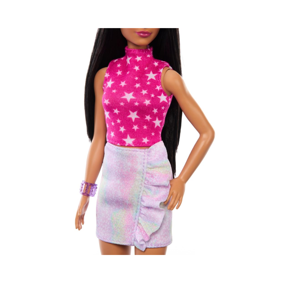 Barbie Fashionistas Doll #215 with Black Straight Hair, Pink Star-Print Top & Iridescent Skirt, 65th Anniversary Collectible Fashion Doll, HRH13