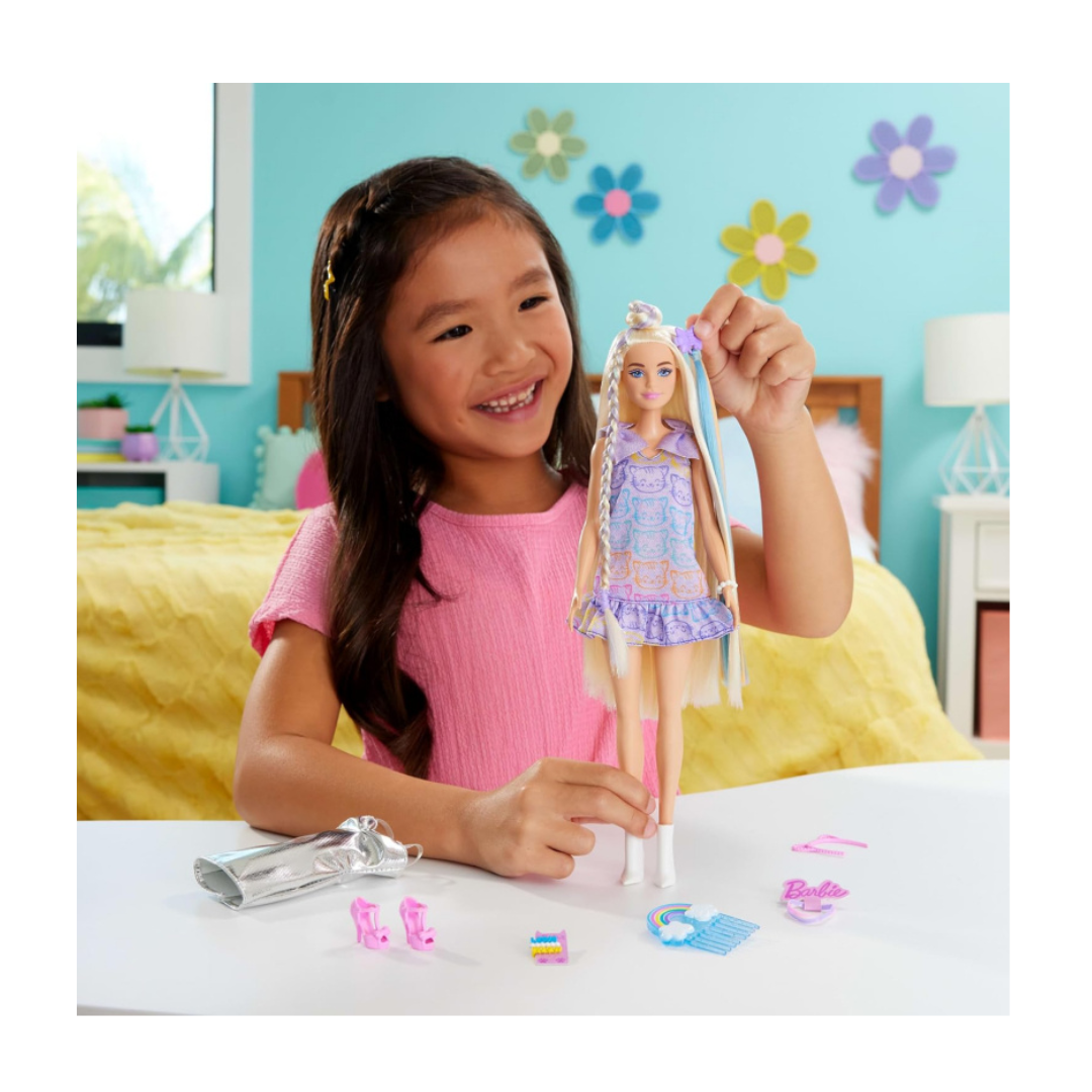 Barbie Fun & Fancy Doll & Accessories, Blonde Fashion Doll with Extra-Long Hair & 2 Looks, Including Silver Metallic Dress & Hair Extension, JCT72