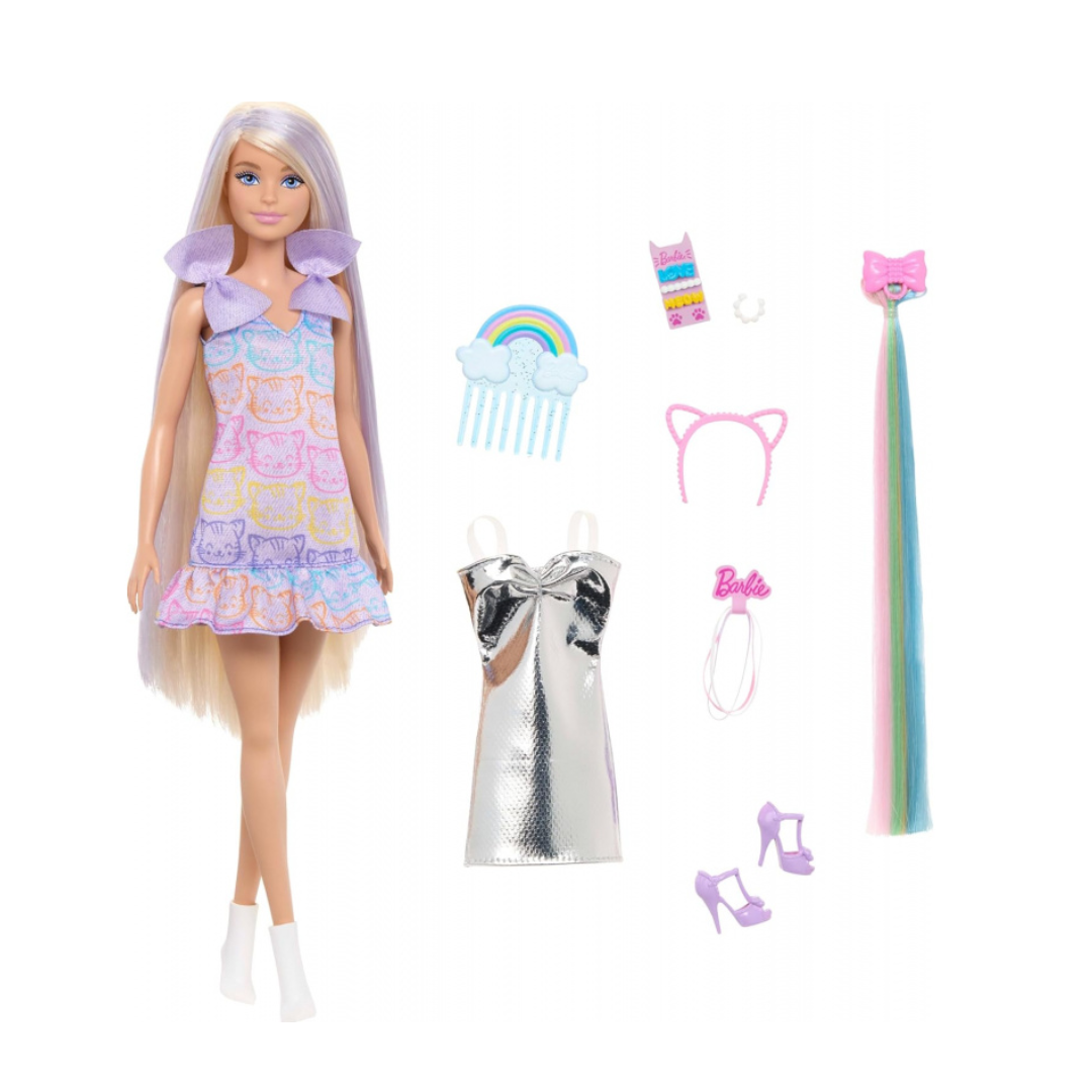 Barbie Fun & Fancy Doll & Accessories, Blonde Fashion Doll with Extra-Long Hair & 2 Looks, Including Silver Metallic Dress & Hair Extension, JCT72
