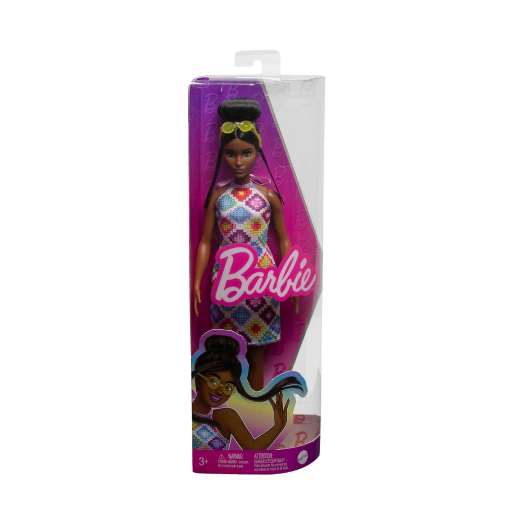 Barbie® Fashionistas™ Doll #210 with Brown Hair in Bun, Wearing Colorful Crochet Halter Dress, Sunglasses and Sandals , HJT07