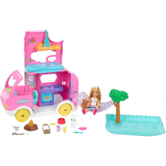 Barbie Chelsea 2-in-1 Camper Playset With Chelsea Small Doll, 2 Pets & 15 Accessories