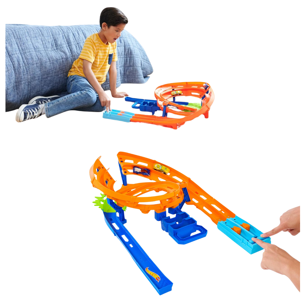 Hot Wheels Whip Around Raceway Track Play Set | Ultimate Racing Fun with Dual Launchers, 2 Cars, and Indoor Fun for Kids 4+ Years