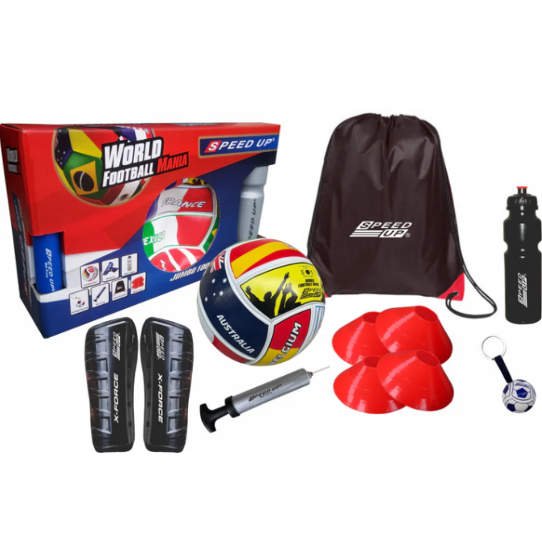 SPEED-UP World Mania Jumbo PVC Football Size 5 Full Combo Set with Pump, Carry Bag, Bottle, Space Marker, Knee Guards & Key Chain for Full Practice