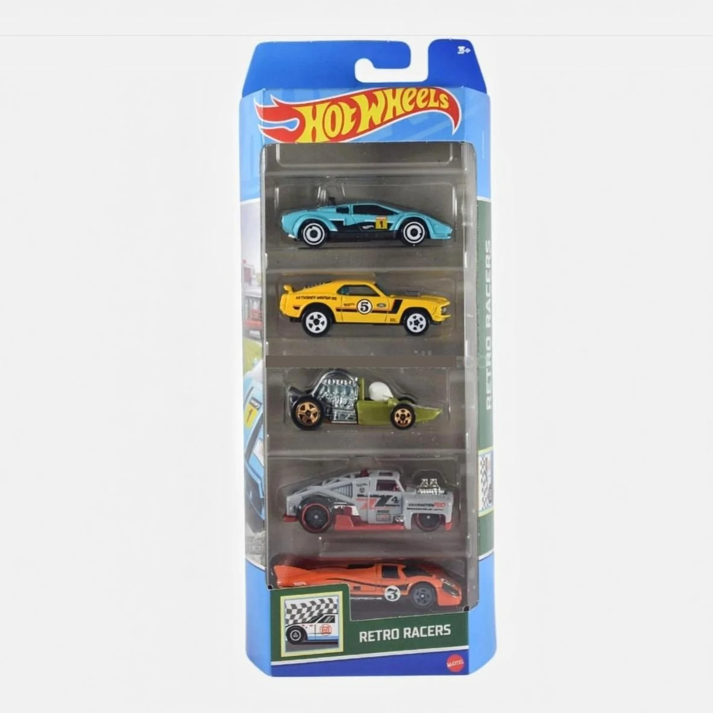 Hot Wheels Car 2024 Retro Racers Pack of 5 + 2019 Audi R8 Spyder(Lamborghini Countach Pace Car, 70 Ford Mustang Mach 1, Head Starter, Erikenstein Rod, Porsche 917 LH) Multi - Color