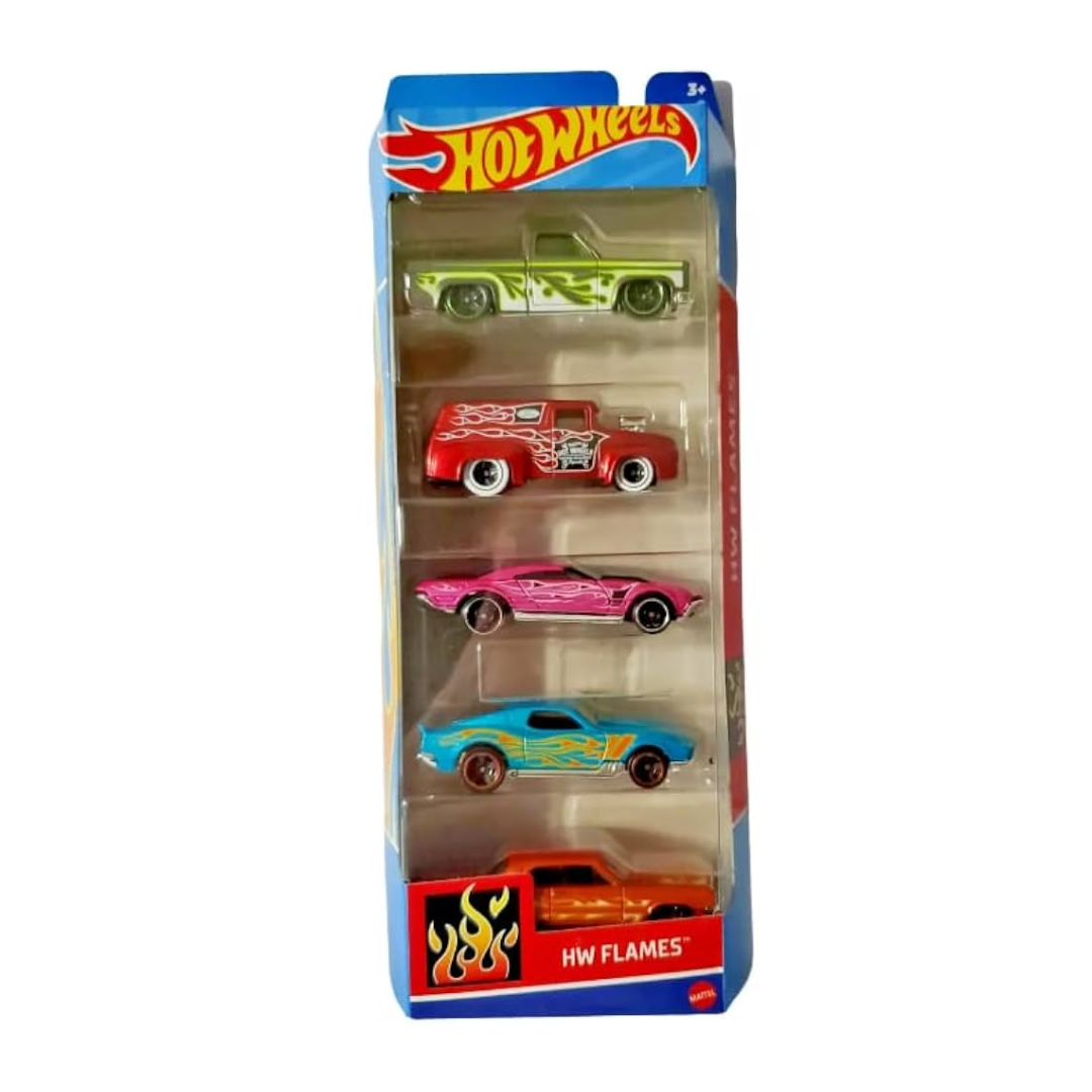 Hot Wheels Car 2024 HW Flames Pack of 5 (56 Ford F-100, 83 Chevy Silverado, 64 Impala, Blvo Bruiser, Muscle Speeder) Multi - Color