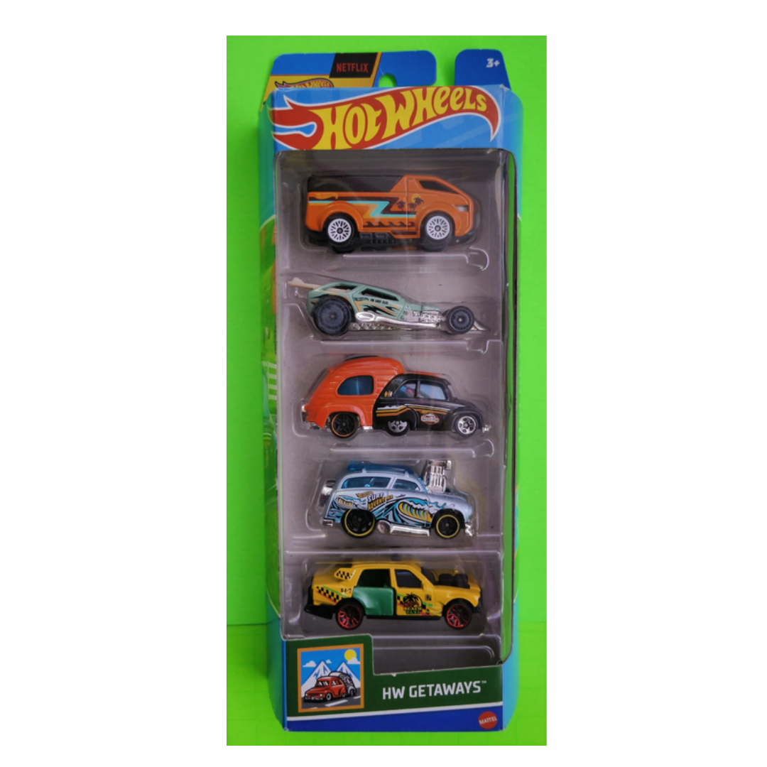Hot Wheels Car 2024 HW Getaways Pack of 5 (Time Attaxi, Surf Crate, RV There Yet, Surf N Turf, The Vanster) Multi - Color