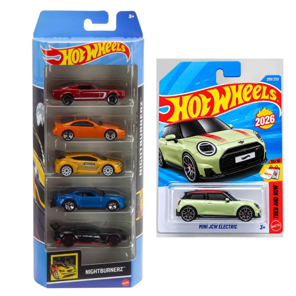 Hot Wheels 5-Car Pack + Mini JCW Electric  of 1:64 Scale Vehicles, Gift For Collectors & Kids Ages 3 Yrs & Up-Color & Design May Vary, Multi color