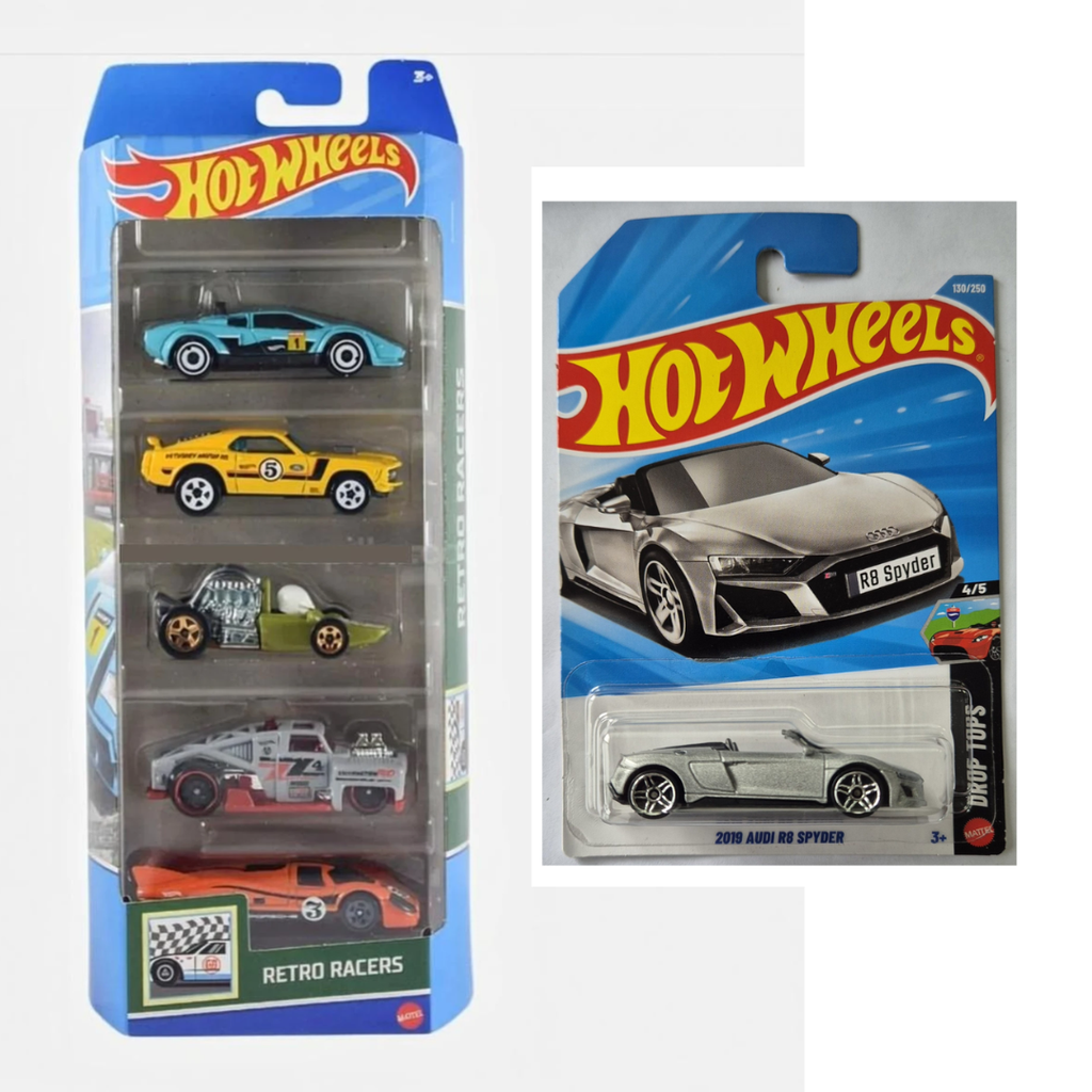 Hot Wheels Car 2024 Retro Racers Pack of 5 + 2019 Audi R8 Spyder(Lamborghini Countach Pace Car, 70 Ford Mustang Mach 1, Head Starter, Erikenstein Rod, Porsche 917 LH) Multi - Color
