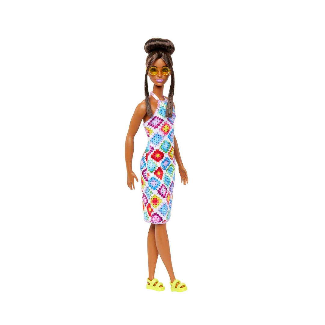 Barbie® Fashionistas™ Doll #210 with Brown Hair in Bun, Wearing Colorful Crochet Halter Dress, Sunglasses and Sandals , HJT07