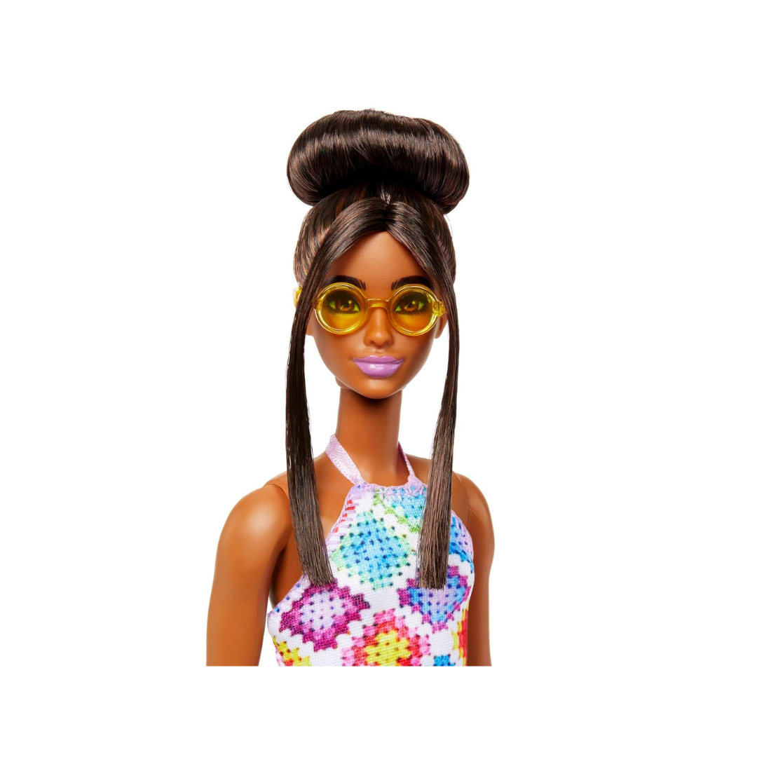 Barbie® Fashionistas™ Doll #210 with Brown Hair in Bun, Wearing Colorful Crochet Halter Dress, Sunglasses and Sandals , HJT07