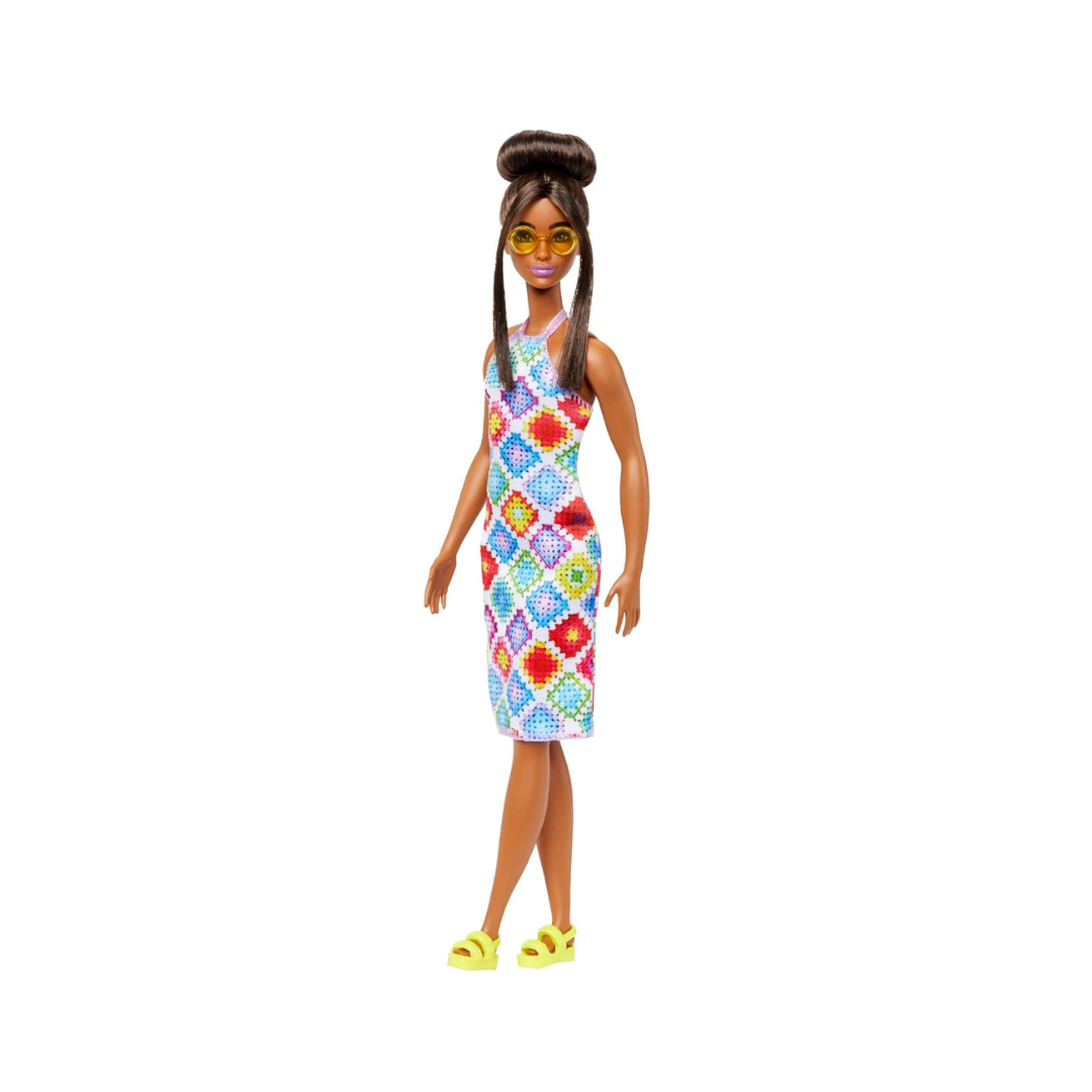 Barbie® Fashionistas™ Doll #210 with Brown Hair in Bun, Wearing Colorful Crochet Halter Dress, Sunglasses and Sandals , HJT07