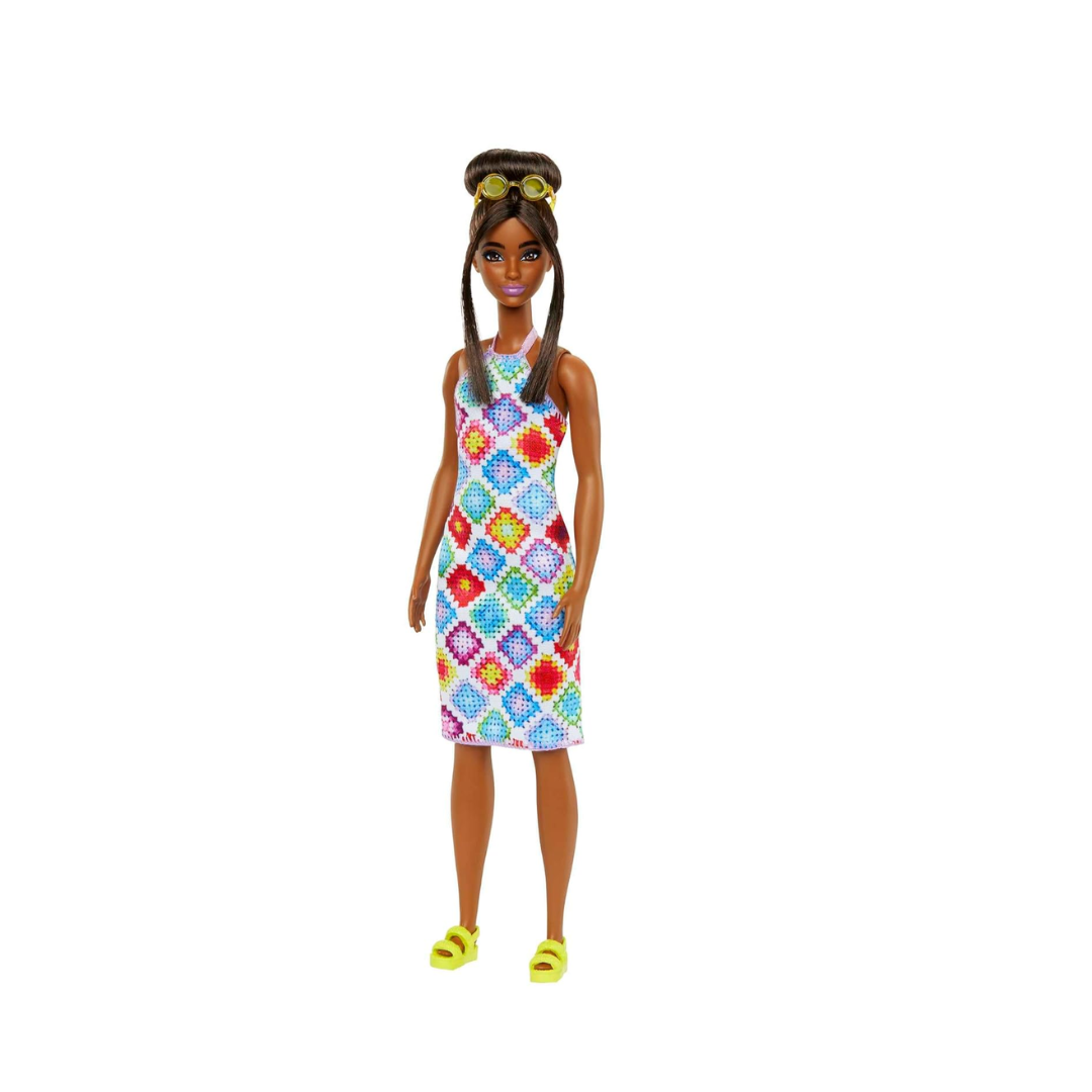 Barbie® Fashionistas™ Doll #210 with Brown Hair in Bun, Wearing Colorful Crochet Halter Dress, Sunglasses and Sandals , HJT07