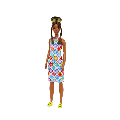 Barbie® Fashionistas™ Doll #210 with Brown Hair in Bun, Wearing Colorful Crochet Halter Dress, Sunglasses and Sandals , HJT07