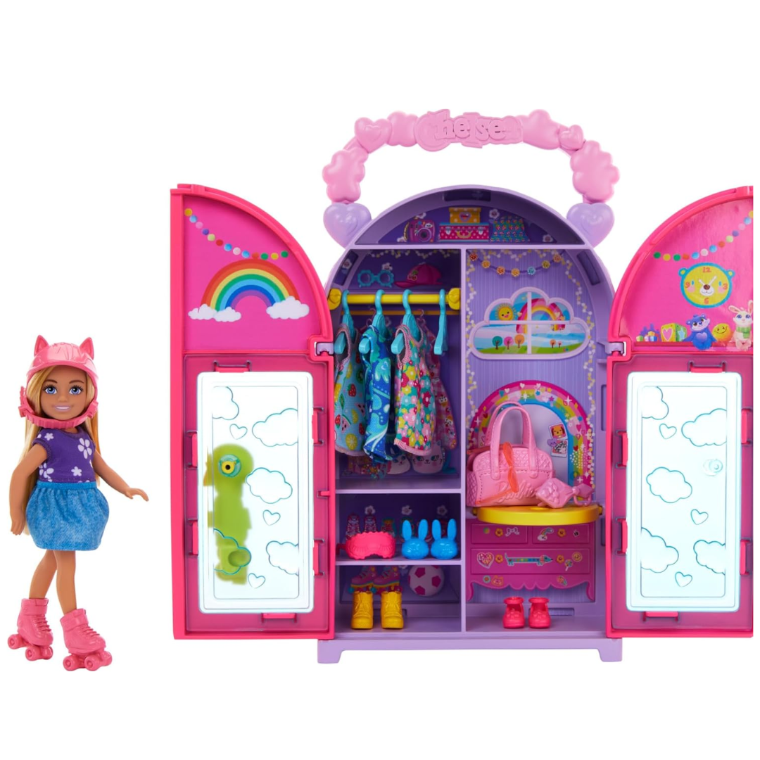 Barbie Chelsea Doll & Closet Toy Playset with 15 Pieces Clothes & Accessories Included, Foldable Set for On-The-Go Play & Storage, HXN03