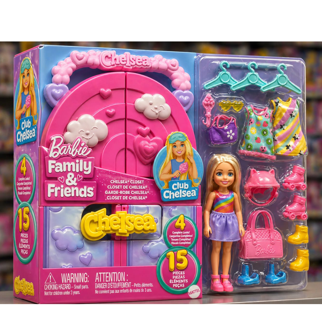 Barbie Chelsea Doll & Closet Toy Playset with 15 Pieces Clothes & Accessories Included, Foldable Set for On-The-Go Play & Storage, HXN03