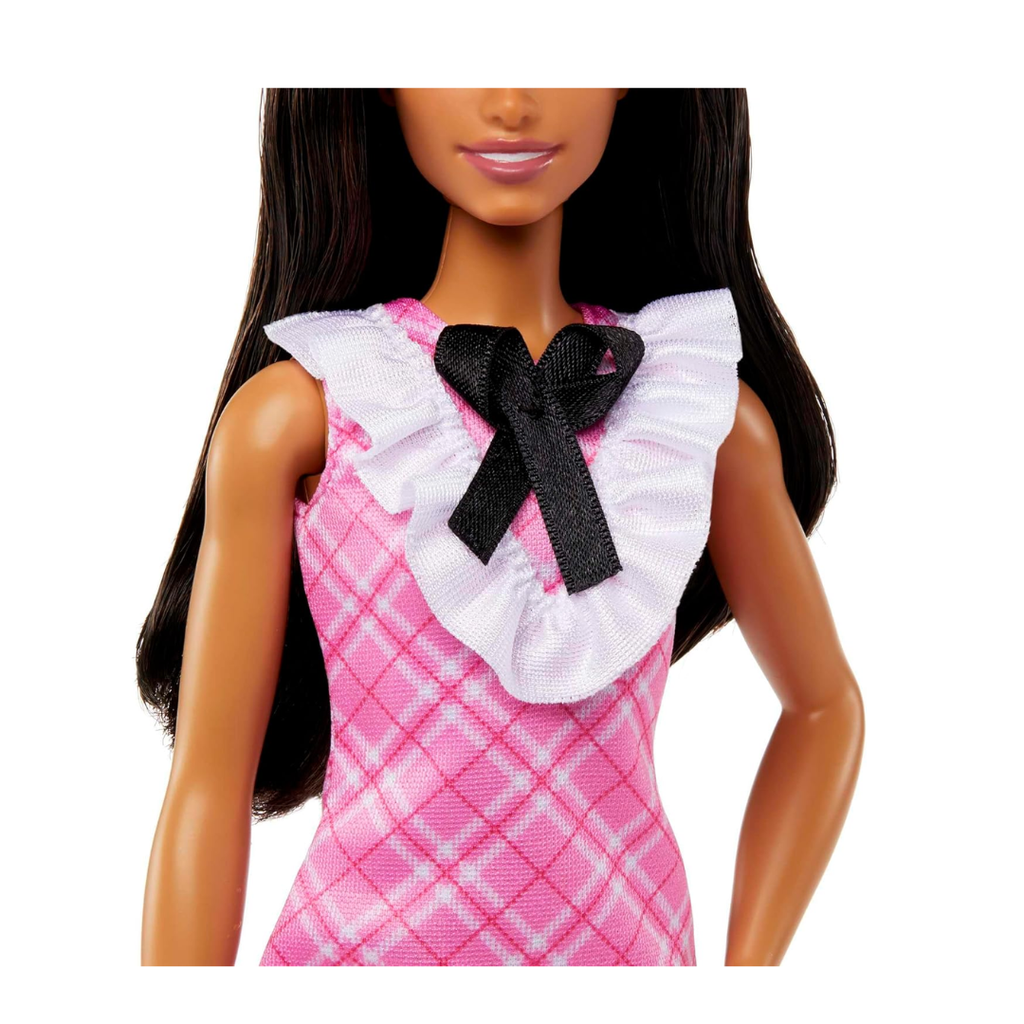 Barbie® Fashionistas™ Doll #209 with Black Hair Wearing a Pink Plaid Dress, Pearlescent Headband and Strappy Heels, HJT06