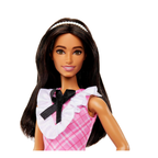 Barbie® Fashionistas™ Doll #209 with Black Hair Wearing a Pink Plaid Dress, Pearlescent Headband and Strappy Heels, HJT06