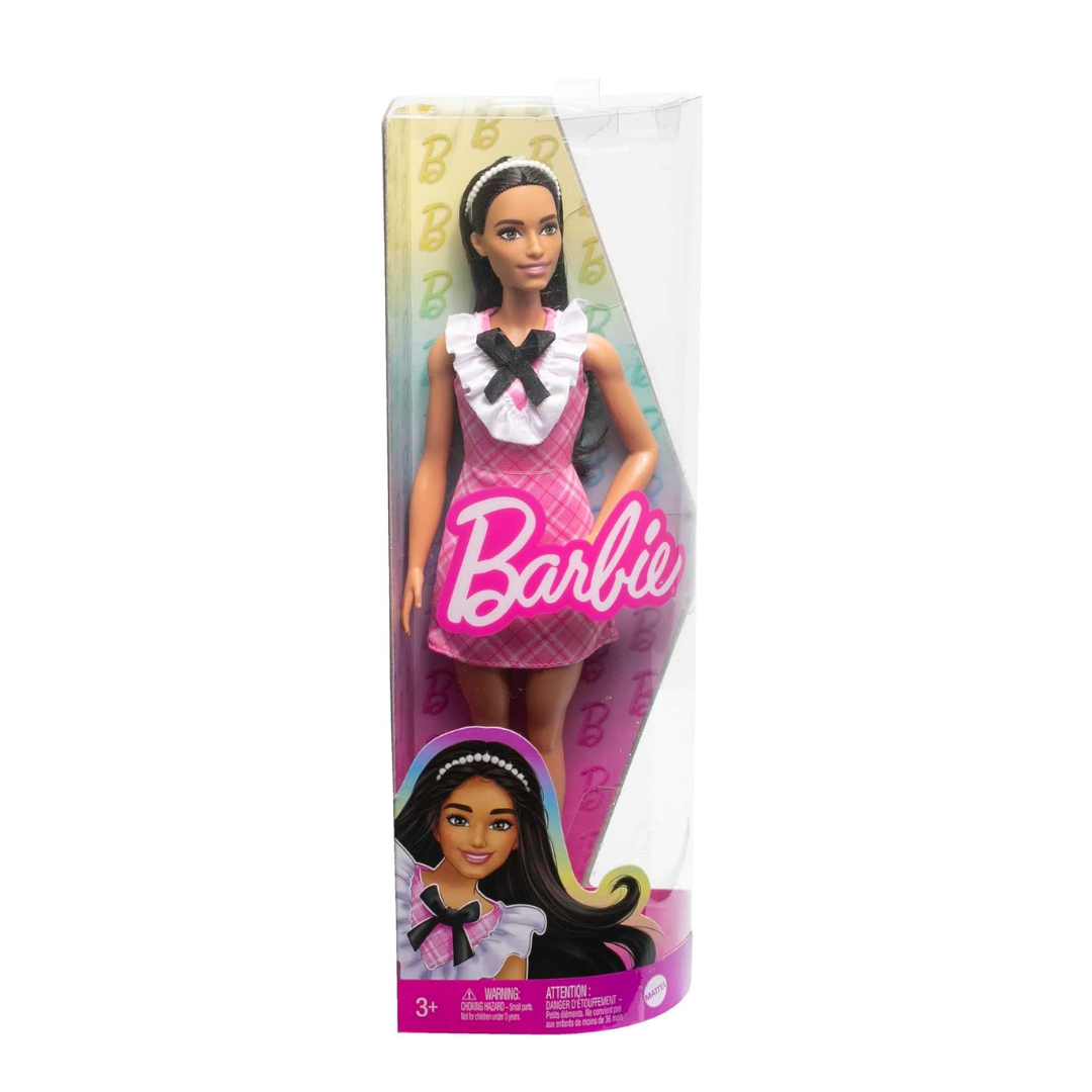 Barbie® Fashionistas™ Doll #209 with Black Hair Wearing a Pink Plaid Dress, Pearlescent Headband and Strappy Heels, HJT06