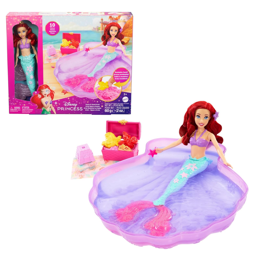 Mattel Disney Princess Ariel Mermaid Doll Playset & Pool Set with Moldable Sand, 3 Sand Molds, Beach Towel & 5 Accessories, Inspired by The Little Mermaid,Doll, HWB39