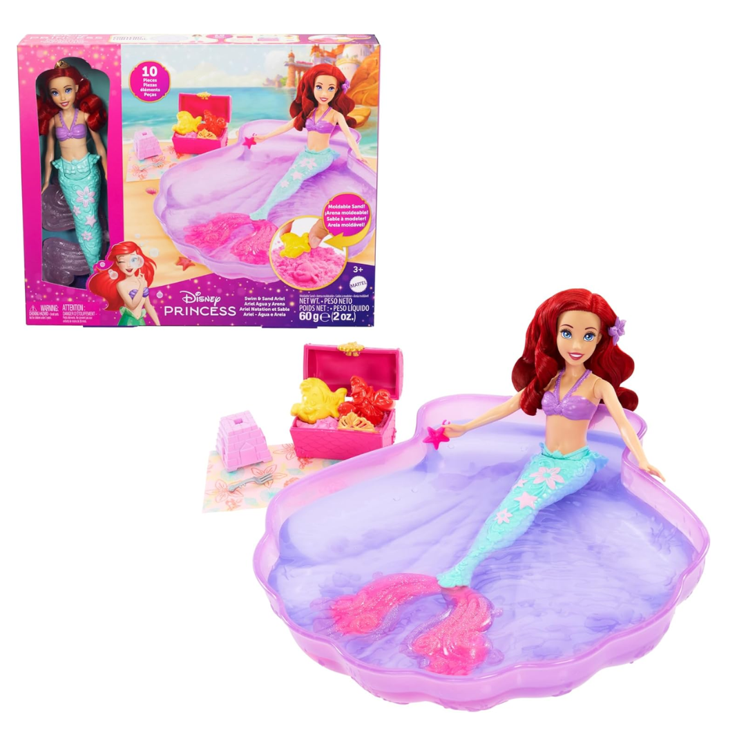 Mattel Disney Princess Ariel Mermaid Doll Playset & Pool Set with Moldable Sand, 3 Sand Molds, Beach Towel & 5 Accessories, Inspired by The Little Mermaid,Doll, HWB39