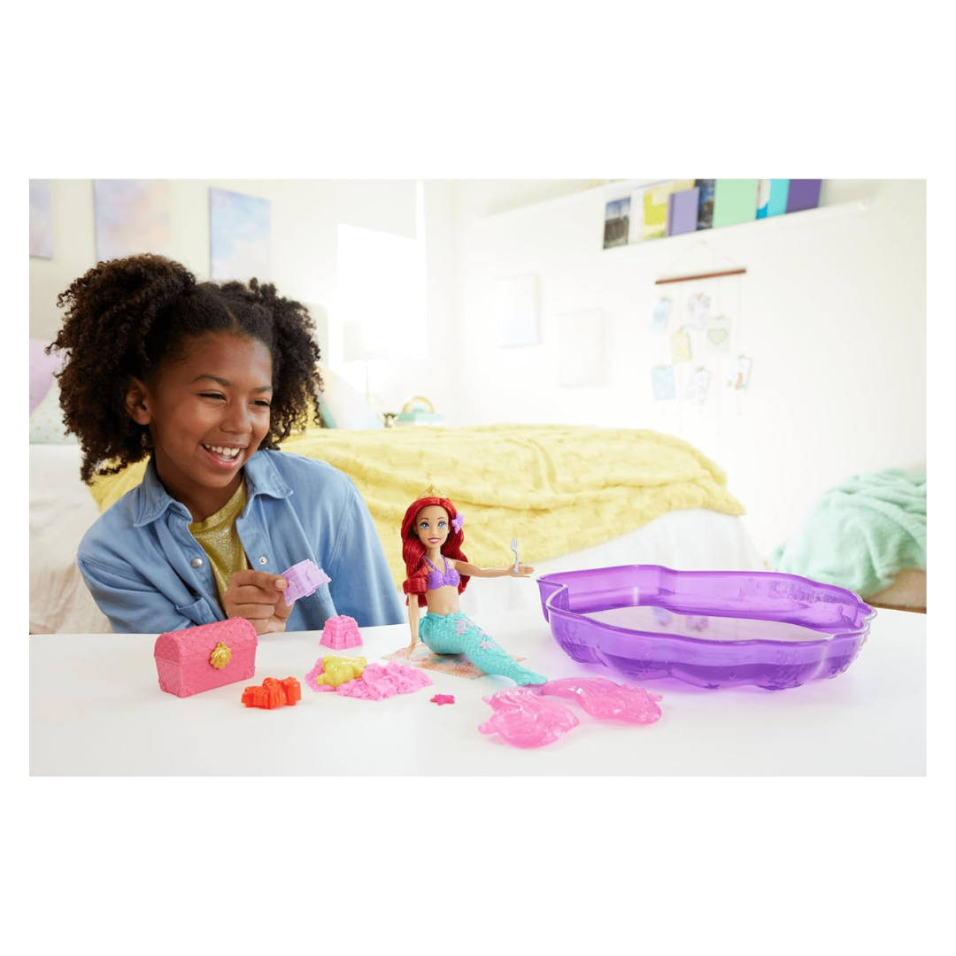 Mattel Disney Princess Ariel Mermaid Doll Playset & Pool Set with Moldable Sand, 3 Sand Molds, Beach Towel & 5 Accessories, Inspired by The Little Mermaid,Doll, HWB39