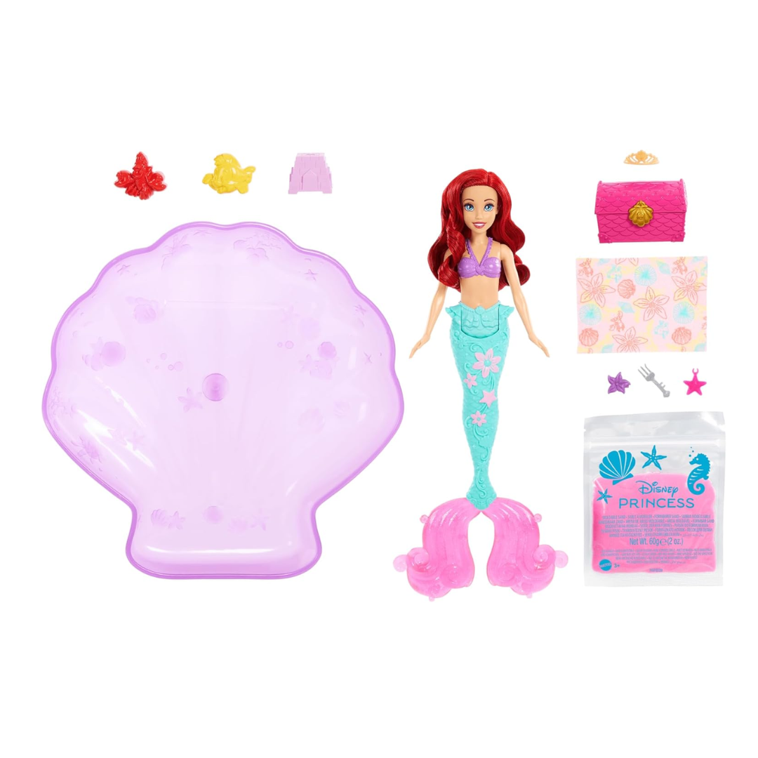 Mattel Disney Princess Ariel Mermaid Doll Playset & Pool Set with Moldable Sand, 3 Sand Molds, Beach Towel & 5 Accessories, Inspired by The Little Mermaid,Doll, HWB39