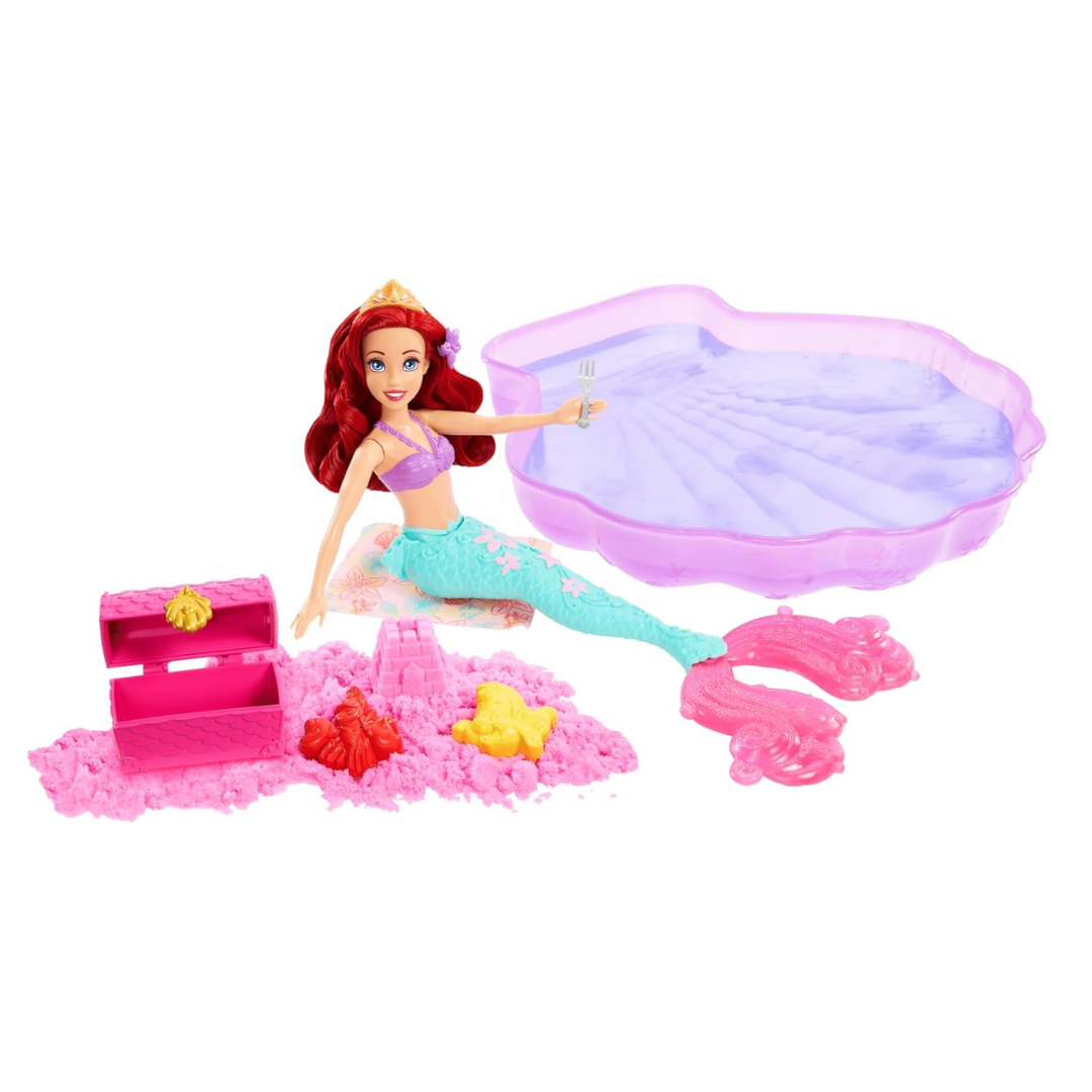 Mattel Disney Princess Ariel Mermaid Doll Playset & Pool Set with Moldable Sand, 3 Sand Molds, Beach Towel & 5 Accessories, Inspired by The Little Mermaid,Doll, HWB39