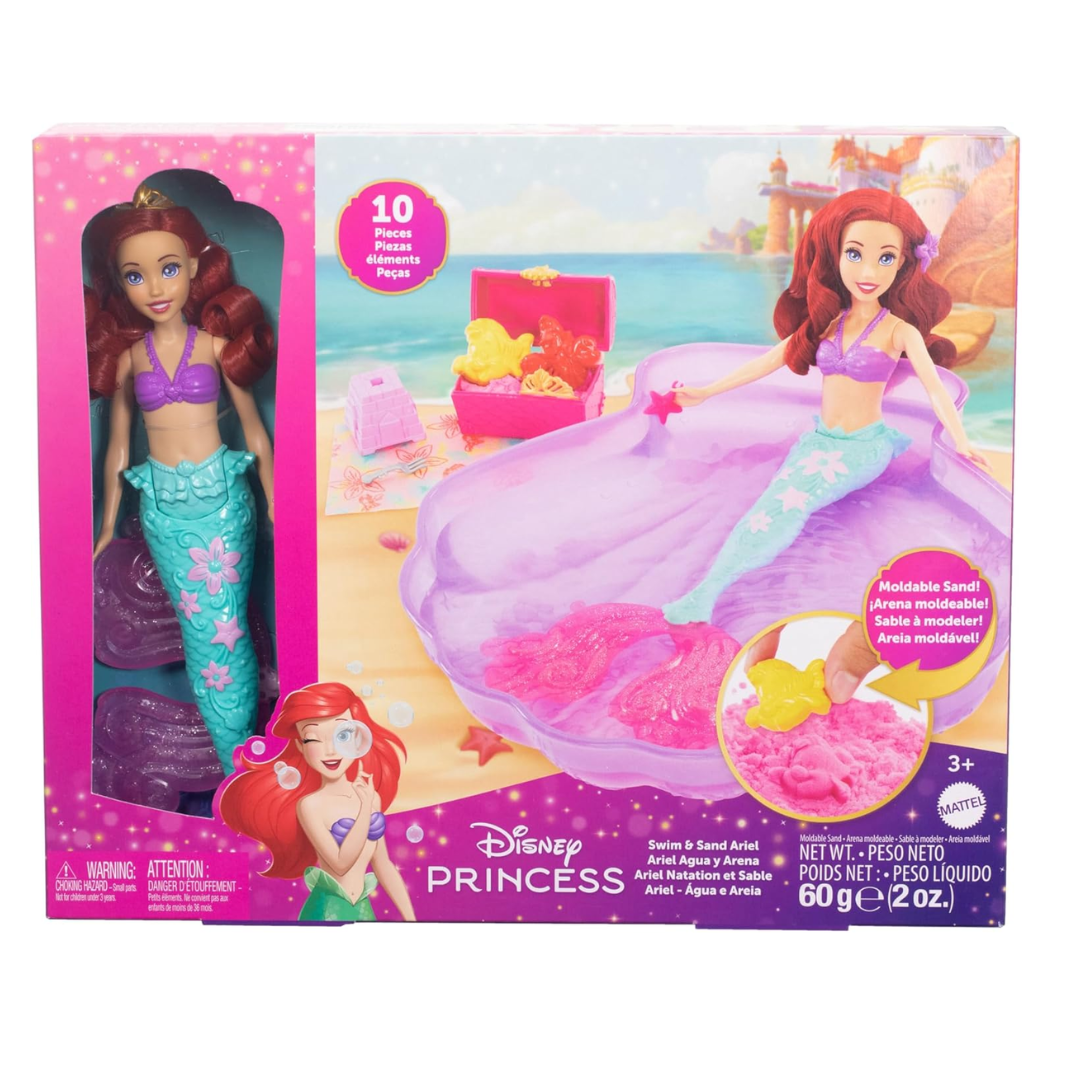 Mattel Disney Princess Ariel Mermaid Doll Playset & Pool Set with Moldable Sand, 3 Sand Molds, Beach Towel & 5 Accessories, Inspired by The Little Mermaid,Doll, HWB39