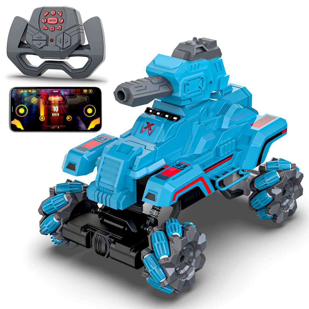 Mirana Drifter Tank Bullet Shooter 4WD 4x4 RC Car Toy for Kids - Remote & App Controlled Vehicle - 360 Rotation & Omnidirection Wheels - Type-C USB Rechargeable - for Boys & Girls 4+ Years