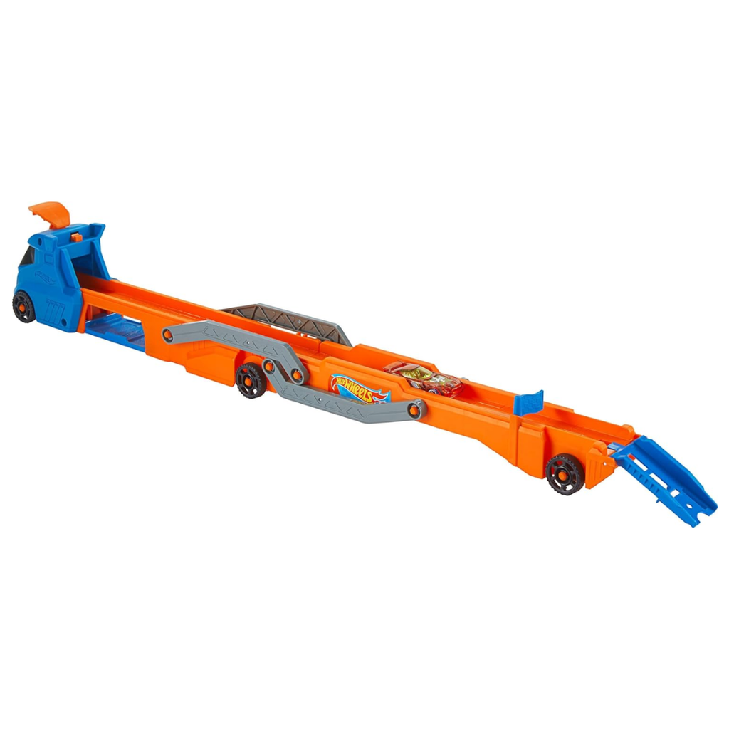 Hot Wheels Toy Car, Truck, Hauler & Track with 1:64 Scale Toy Car, Large Truck Transforms into 2.5+-ft Raceway with a Launcher, Stores up to 9 1:64 Scale Cars, Connects to Other Sets
