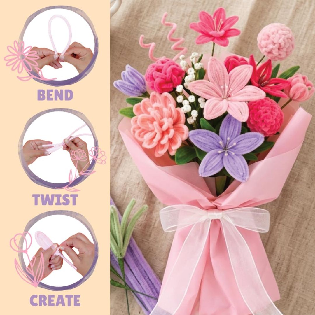 Kalakaram DIY Fuzzy Flower Kit | Pipe Cleaners for Craft Flower Making Set | Fuzzy Chenille & Fluffy Sticks with Floral Tape, Wire & Accessories | Mess-Free Arts & Craft Activity for Kids & Adults