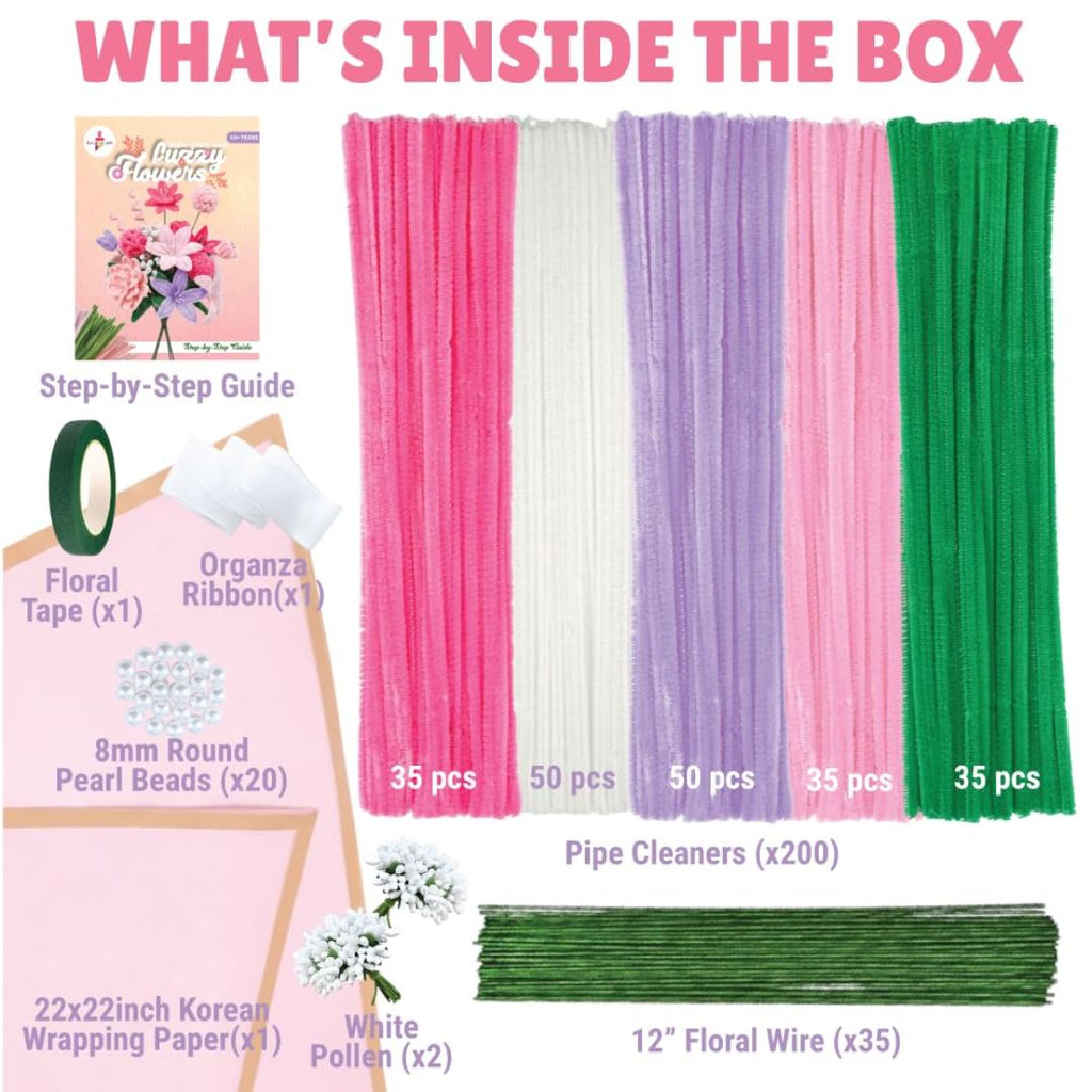 Kalakaram DIY Fuzzy Flower Kit | Pipe Cleaners for Craft Flower Making Set | Fuzzy Chenille & Fluffy Sticks with Floral Tape, Wire & Accessories | Mess-Free Arts & Craft Activity for Kids & Adults