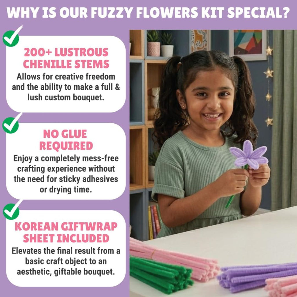 Kalakaram DIY Fuzzy Flower Kit | Pipe Cleaners for Craft Flower Making Set | Fuzzy Chenille & Fluffy Sticks with Floral Tape, Wire & Accessories | Mess-Free Arts & Craft Activity for Kids & Adults
