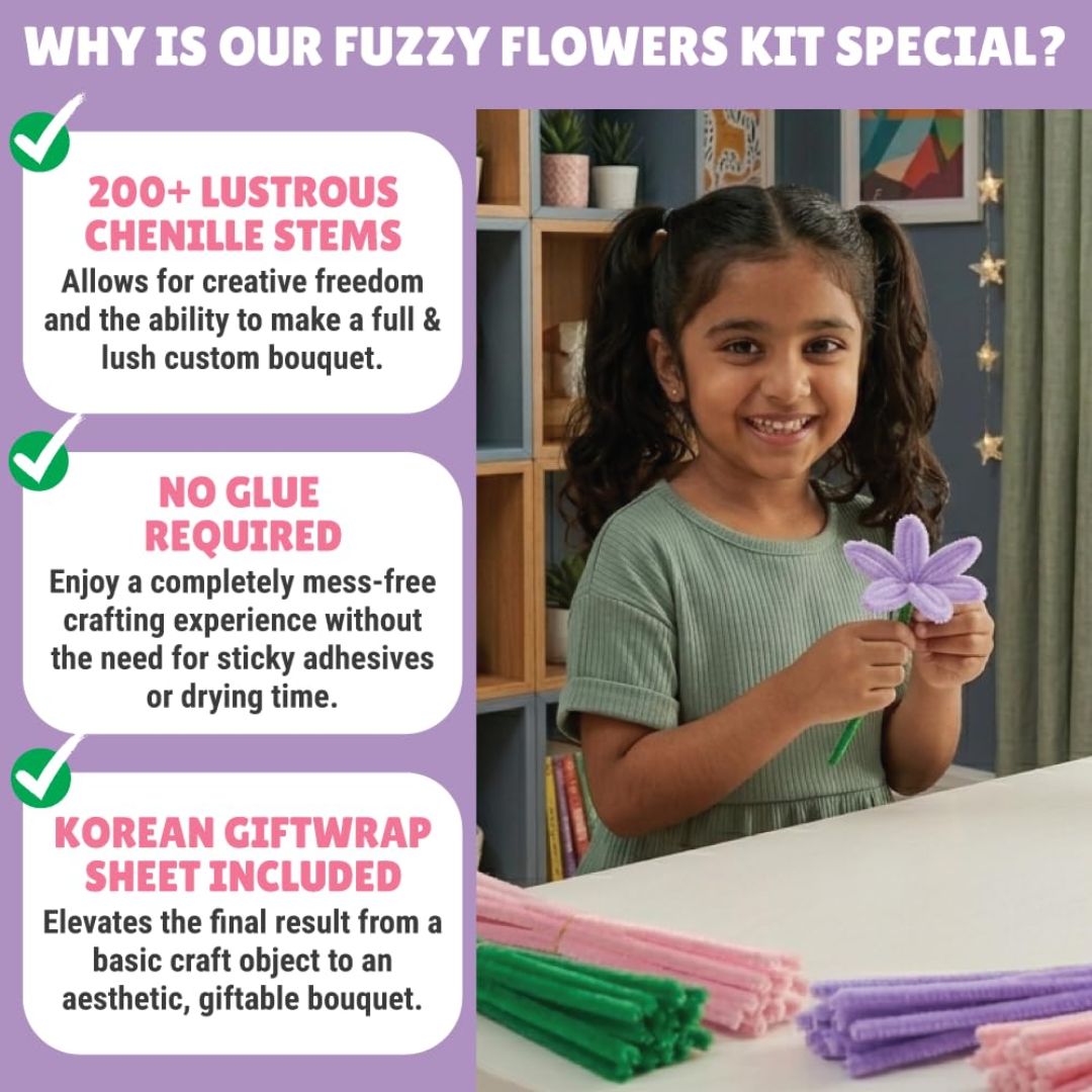 Kalakaram DIY Fuzzy Flower Kit | Pipe Cleaners for Craft Flower Making Set | Fuzzy Chenille & Fluffy Sticks with Floral Tape, Wire & Accessories | Mess-Free Arts & Craft Activity for Kids & Adults
