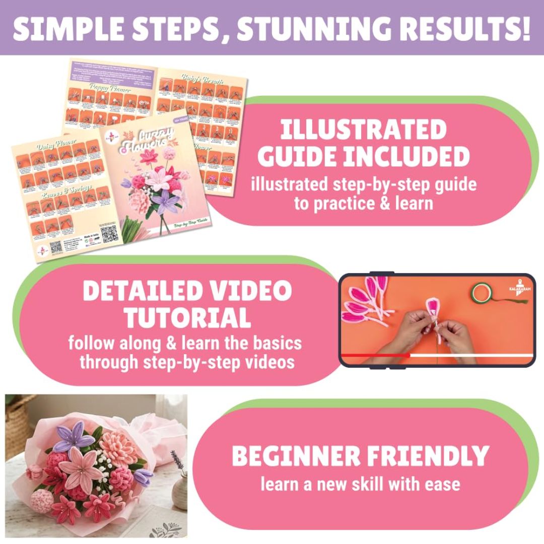 Kalakaram DIY Fuzzy Flower Kit | Pipe Cleaners for Craft Flower Making Set | Fuzzy Chenille & Fluffy Sticks with Floral Tape, Wire & Accessories | Mess-Free Arts & Craft Activity for Kids & Adults