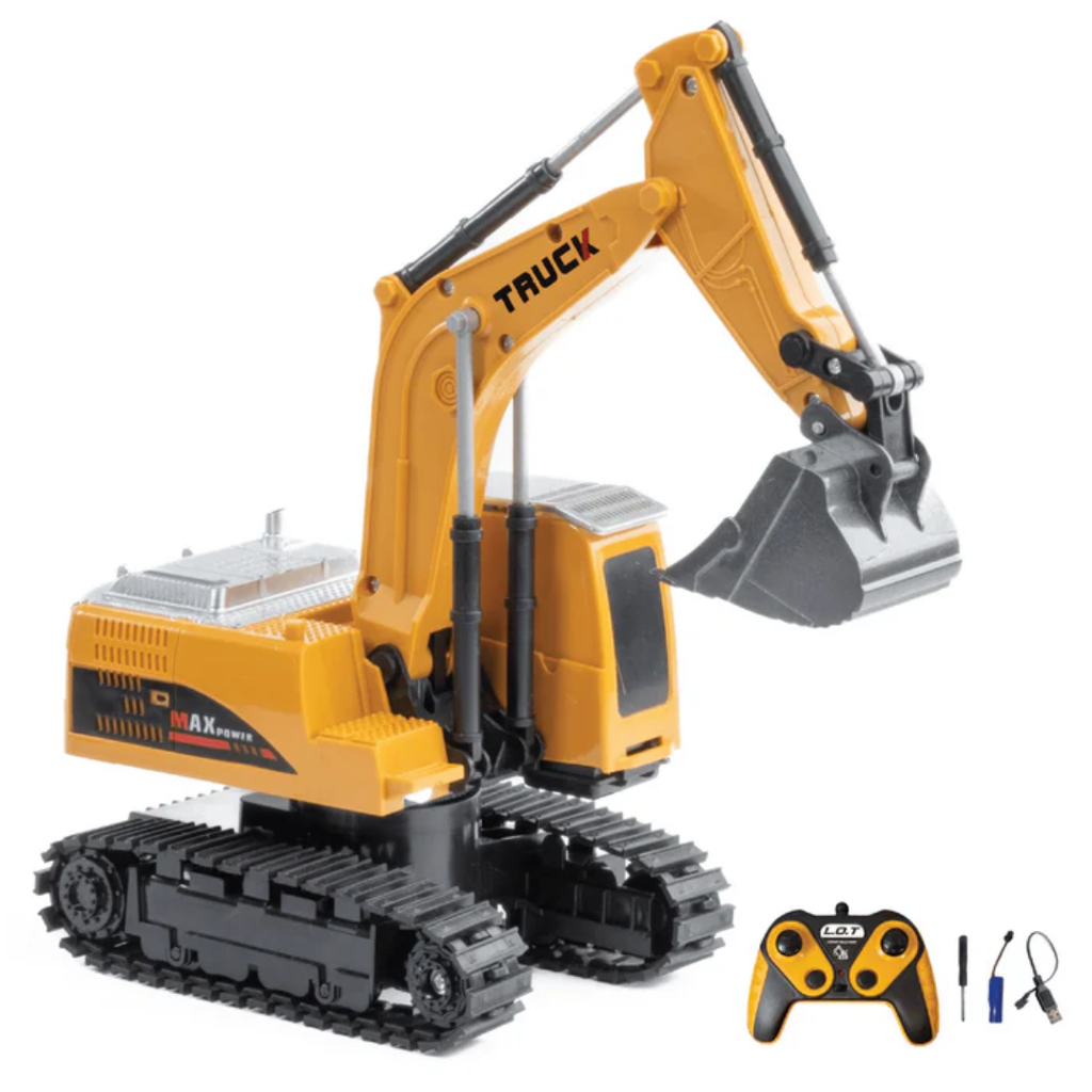 Remote Control Construction Vehicle Fang 6-Channel RC Excavator Toy for Kids with Alloy Arm, Rechargeable Engineering Car, Heavy Duty Machine Construction Toy with Lights & Music (Yellow)